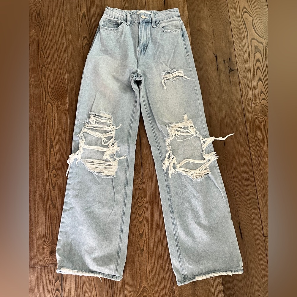 Flying Monkey Light Blue Distressed Straight Leg Jeans